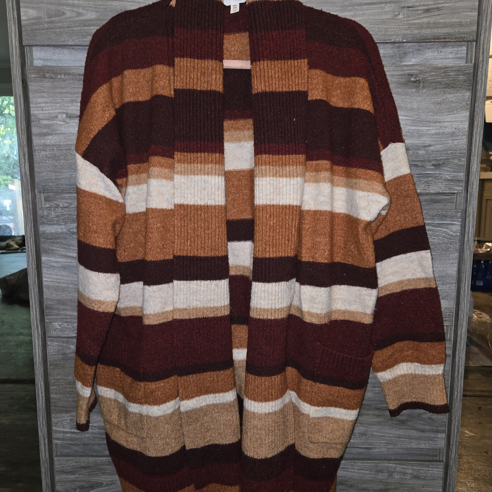 Time and Tru Striped Cardigan - Burgundy, Tan, Cream